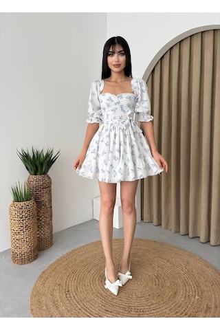 Etiler Collection Rucka Belden Bağlamalı Mini Elbise Mavi - Beyaz