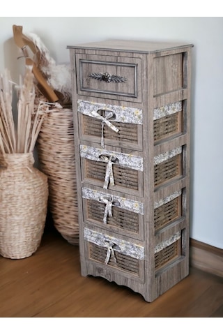 Ahşap 5 Çekmeceli Hasır Görünümlü Sebzelik Rustik