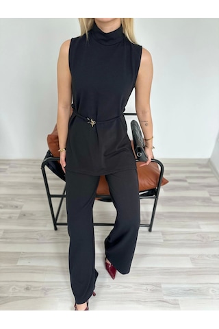 Keymoda Kadın Dik Yaka Bağcıklı Pantolon Takım Siyah Siyah