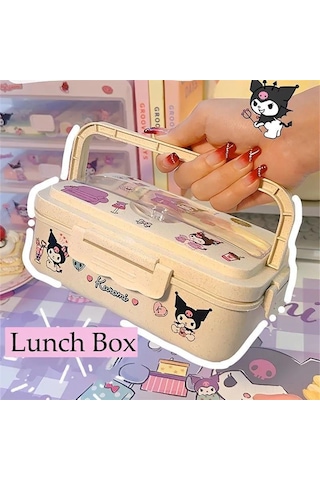 Aubyhe 800ml Buğday Saplı Bento Kutusu, Mikrodalga Uygun, Cep Telefonu Tutucu Kapağı, Çocuklar Ve Çalışanlar İçin, Çift Taraflı Çatal-bıçak, Yeşil Ve Pratik Bej