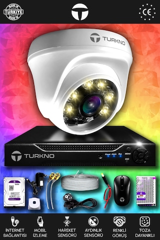 Turkno 1 Kameralı Domie 1 İç Kamera Set 250 GB HDD Full HD Renkli Gece Görüşlü Güvenlik Kamerası Sistemi