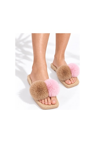 Dabab Shoes Pomella Kadın Bej Çift Ponponlu Peluş Bantlı Kaymaz Tabanlı Önü Açık Ev Terliği