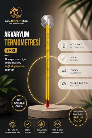 Akvaryum Termometre - Sarı - Hassas Ölçüm - Cam Termometre - 0/50 Derece Arası Ölçüm - Net Görünür - Güçlü Vantuz