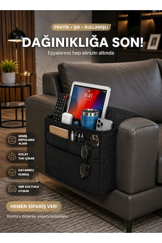 Kumandalık Koltuk Kenarı Organizer Yan Sehpa Koltuk Kenarı Düzenleyici Koltuk Başı Örtü Siyah