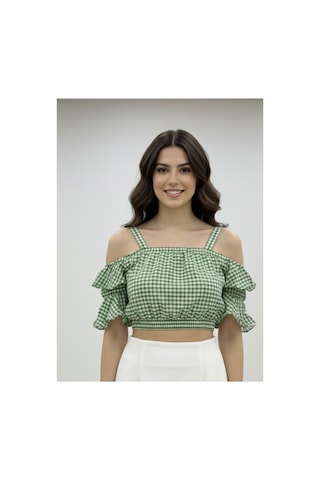 Polologin Butik Yeşil Pötikare Desenli Fırfırlı Crop Bluz Yeşil