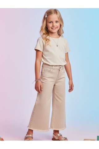 Zekids Kız Çocuk Pamuklu Paçaları Püsküllü Pantolon-16677 Bej