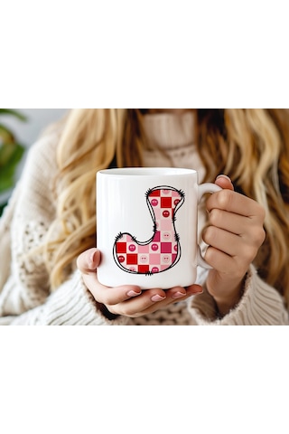 J Harfi Pembe Kareli Kalpli Göz Emojili Kupa Bardak Eğlenceli Kareli Tasarım Kahve Çay Kupası 07 Beyaz
