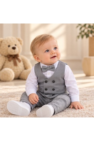Maxx Kleın Erkek Bebek Gri Yelekli Takım Elbise Gömlek Papyon Pantolon 6-9-12-18-24 Ay