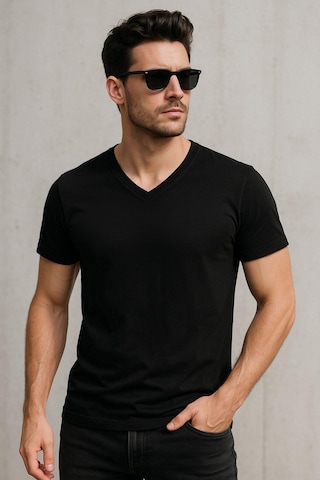 Rich Erkek V Yaka %100 Pamuk Kısa Kollu Siyah T-shirt Tişört SIYAH