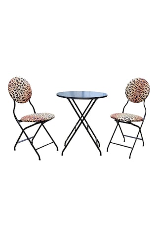 Katlanabilir Leopar Desenli Siyah Metal Masa Ve Sandalye Takımı -