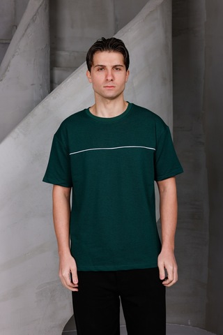 Erkek Garnili Şeritli Oversize Bisiklet Yaka 2 İki İplik Kompakt T-shirt Nefti