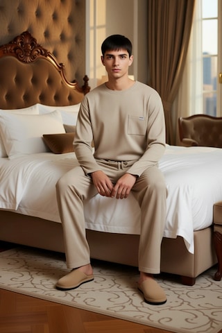 Frm Erkek Düz Kesim Sweatshirt Ve Pantolonlu Ev Giyim Seti Fonksiyone Bej