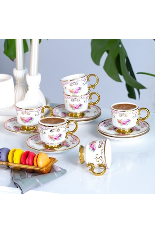 Porsima Ist-169 Yaldızlı Desenli Porselen Fincan Takımı Pembe