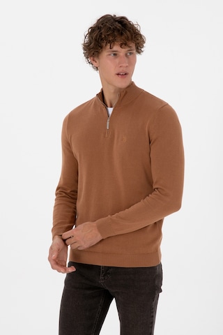 U.S. Polo Assn. Erkek Slim Fit Yarım Fermuarlı Camel Basic Kazak 50313695-VR233