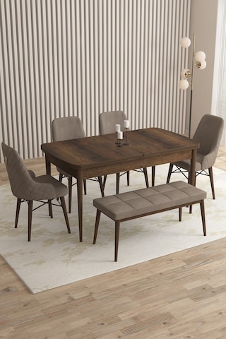 Loft Barok Desen 80x132 Açılabilir Mdf Masa Yemek Odası Takımı, Mutfak Takımı 4 Sandalye, 1 Bench Cappucino