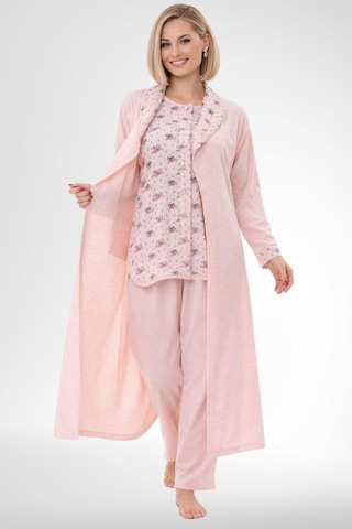 Mecit Pijama Mecit 6317 Pudra Kadın Büyük Beden Sabahlıklı Pijama Takımı Pudra