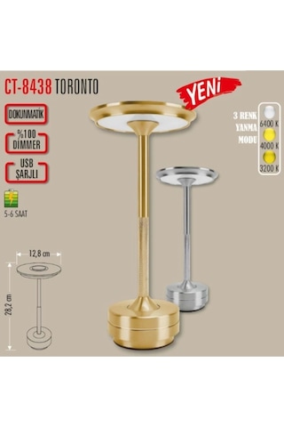 Cata Şarjlı Ledli Toronto Masa Lambası Krom 3 Renk Işık Abajur Gümüş
