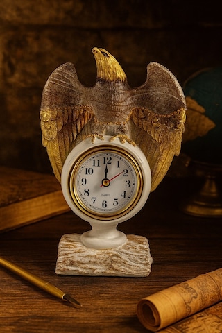 Çalışma Alanınıza Şıklık Katan Güçlü İhtişamlı Beyaz - Altın Renkli Kartal Masa Saati Biblo 21x13 Cm Beyaz - Sarı
