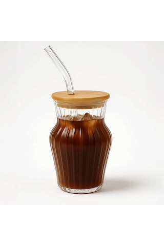 Çizgili Chubby Borosilikat Cam Bardak 500 Ml - Bambu Kapaklı Şeffaf
