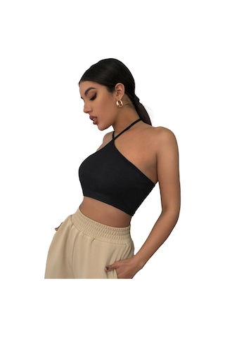 Liona Kadın Boyundan Bağlamalı Siyah Renk Crop Top Bluz 001