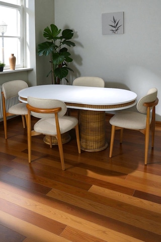 Bohem İskandinav Masa Sandalye Takımı 4 Adet Polo Sandalye Beyaz Mebranlı Mdf Oval Masa-modern Kahverengi