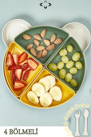 4 Bölmeli Çıkarılabilir Ayıcık Desenli 7 Parça Mama Yemek Tabağı ve Çatal Kaşık Seti Bpa Free Yeşil - Sarı