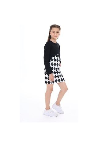 Toontoy Kız Çocuk 2'li Takım Baskılı Regular Fit Kare Yaka Askılı Elbise & Bisiklet Yaka Uzun Kollu Asimetrik Sweatshirt Siyah