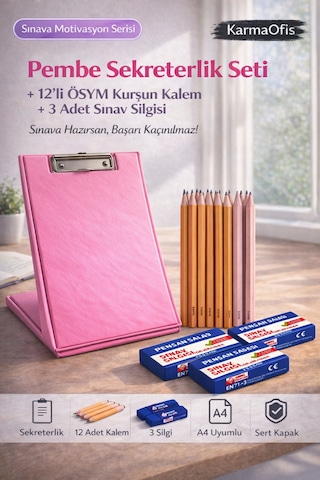 Pembe Sekreterlik Seti + 12 Li Ösym Kurşun Kalem + 3 Sınav Silgisi Sınav Hazırlık Seti