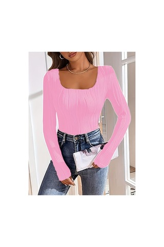 Fashion's Pembe Elastanlı Polyester Bluz Yuksek Bel Uzun Kollu Yuvarlak Yaka Klasik Kesim Örme Kumaş Pembe