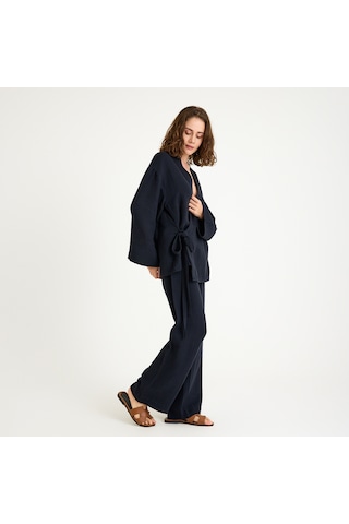 %100 Pamuklu Dokuma İçten Bağlamalı Müslin Kimono-pantolon Alt Üst Takım Siyah