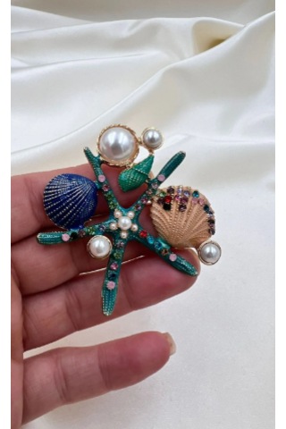 Bb Deniz Yıldızı İnci Taneli Broş Altın -  Mavi