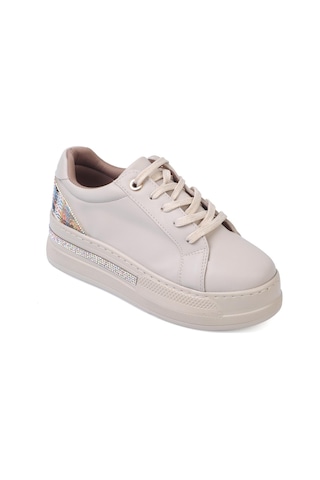 Shoetek Olala Kadın Sneakers Bağcıklı Arka Desenli Spor Ayakkabı Bej Deri Bej Cilt Bej