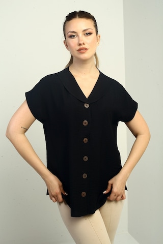 By Saygı Kadın Şal Yaka Oversize Gömlek Siyah