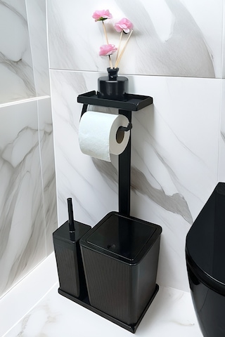 3'ü 1 Arada Banyo Seti Tuvalet Kağıtlık, Çöp Kovası Ve Tuvalet Fırça Takımı Siyah