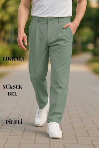 Cedy Denim Yüksek Kalite Erkek Yüksek Bel Pileli Baggy Chino Pantolon C358 Yeşil