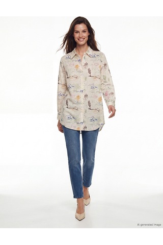 Lcw Modest Ekru Desenli Oversize Kadın Gömlek Tunik
