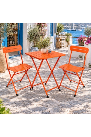 Katlanır Metal Balkon Bahçe Bistro Masa Sandalye Seti 2 Kişilik 1 Masa 2 Sandalye Turuncu 1638