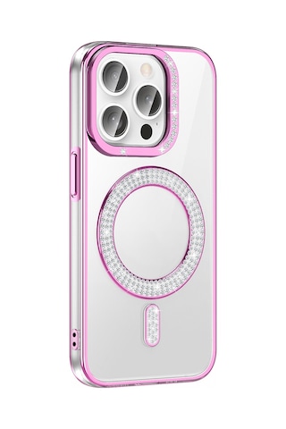 Apple Uyumlu iPhone 14 Pro Max Kılıf Pırlanta Taş Tasarımlı M-safe Şarj Özellikli Zore Karetta Silikon Kapak Rose Gold