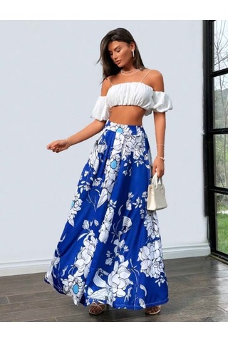Kadın Çiçek Baskılı Maxi Boy Süprem Etek Mavi