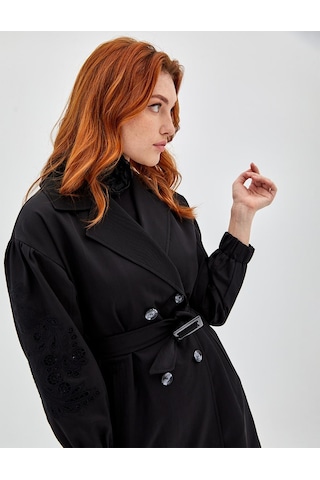 Kadın Nakışlı Lazer Kesim Trençkot - Siyah Siyah