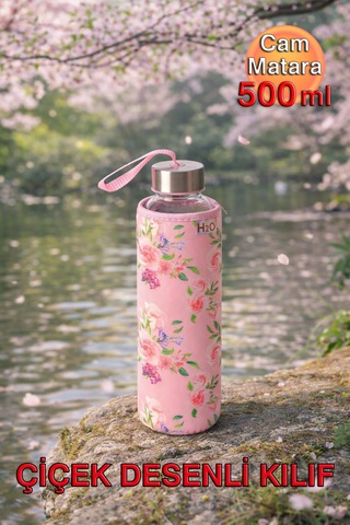 Çiçek Desenli Kılıflı Cam Matara 500 ml - Spor, Okul, Ofis ve Günlük Kullanım İçin Estetik Tasarımlı Su Şişesi
