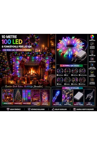 Rgb Renkli Peri Led Işık 8 Fonksiyon 10 Metre 100 Ledli Dekoratif Yılbaşı Ağacı Parti Ev Oda Süsleme Diğer