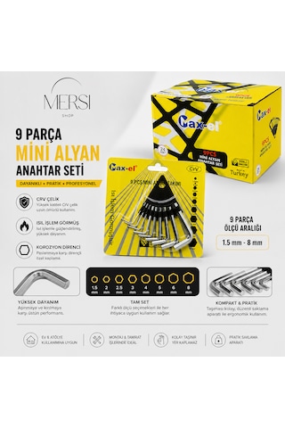 9 Parça Mini Alyan Anahtar Seti Crv Çelik Allen Anahtar Takımı Isıl İşlem Görmüş 1.5-8 Mm