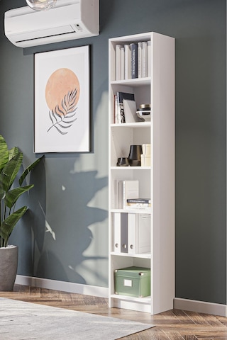 Bili Kitaplık 5 Raflı Dar Çok Amaçlı Ofis Salon Kitap Dosya Rafı Beyaz Beyaz