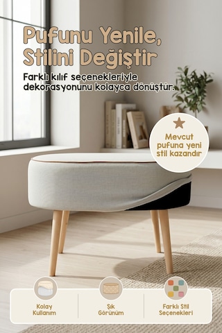 Yıkanabilir Puf Tabure Kılıfı Tak-Çıkar-Değiştir-Yenile Orta Sehpa Kılıfı 59x37x17 Meek Gri