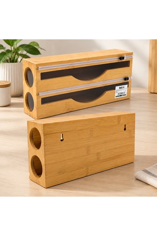Bambu Ahşap Streç & Folyo Dispenseri Havluluk, Kesici Kanallı