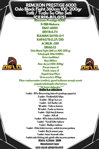Oslo Black Fight 360cm 100-200gr Remixon Prestige 6000 Tatlı/tuzlu Olta Seti