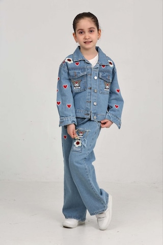 Moonch Kuromi Nakışlı İşlemeli Kız Çocuk Kot Takım-2'li Denim Set Mavi