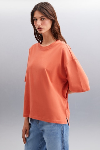 Grımelange Jemmy Kadın %100 Organik Pamuk Relaxed Fit Yırtmaçlı Yuvarlak Yakalı Kiremit Rengi T-shirt