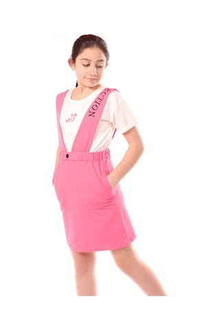 Toontoy Kız Çocuk Bisiklet Yaka Basic T-shirt Ve Askılı Cepli Nakış Baskılı Salopet Elbise - 2'li Takım Fuşya